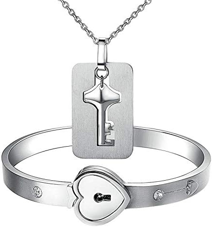 Stainless Steel Couple Heart Love Love Lock Key Lock Key Bracelet Kit  Jewelry Set